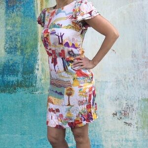 See by Chloe NWT 100% Silk Colorful Landscape  Dress Ruffled Sleeves 2